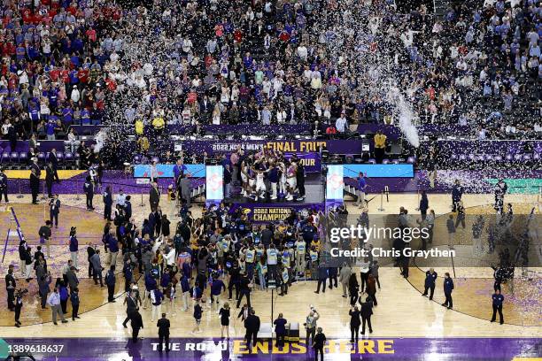 The Kansas Jayhawks celebrate after defeating the North Carolina Tar Heels 72-69 during the 2022 NCAA Men's Basketball Tournament National...