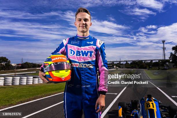 Australian BWT Alpine Formula 1 Team reserve driver Oscar Piastri poses for a photograph during a media opportunity at Todd Road Karting Circuit on...