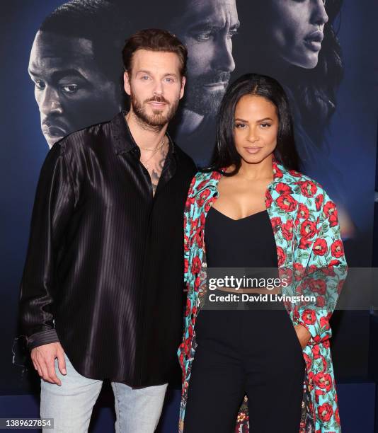 Matt Pokora and Christina Milian attend the Los Angeles premiere of "Ambulance" at the Academy Museum of Motion Pictures on April 04, 2022 in Los...