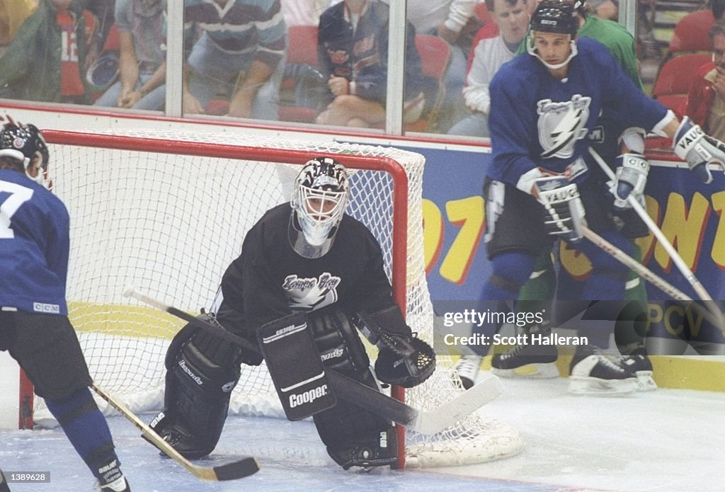 Goaltender Manon Rheaume of the Tampa Bay Lightning in action during ...