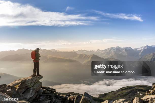 alpinist  on the peak of a mountain looking panorama valley - piek stockfoto's en -beelden