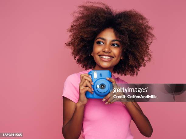 happy beautiful woman with analog camera - girl camera bildbanksfoton och bilder
