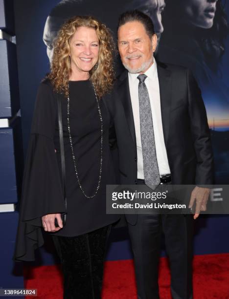 Leslie Bryans and A Martinez attend the Los Angeles premiere of "Ambulance" at the Academy Museum of Motion Pictures on April 04, 2022 in Los...
