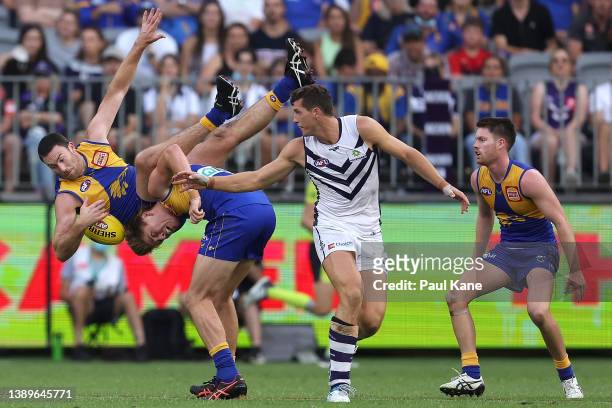 Jeremy McGovern of the Eagles marks the ball during the round three AFL match between the West Coast Eagles and the Fremantle Dockers at Optus...