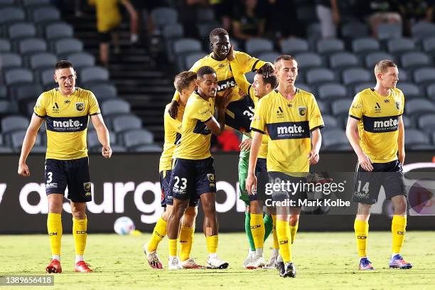 Garang Kuol of the Mariners celebrates with bhis team after scoring a goal during the A-League Mens match between Central Coast Mariners and...