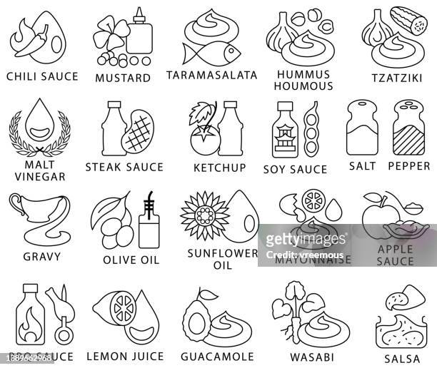 ilustraciones, imágenes clip art, dibujos animados e iconos de stock de condimentos, salsas y condimentos iconos de contorno - aliño para la ensalada
