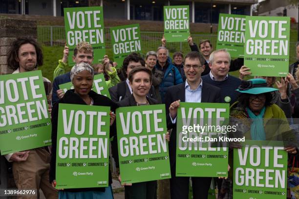 Joint Green Party leaders Adrian Ramsay and Carla Denyer stand in a housing estate in Crystal Palace with party members to launch their Local...