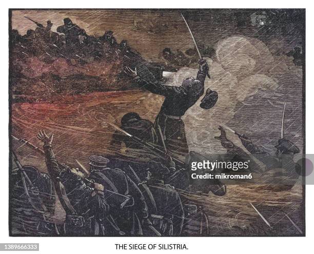 old engraved illustration of battle, siege of silistra - siege stock pictures, royalty-free photos & images