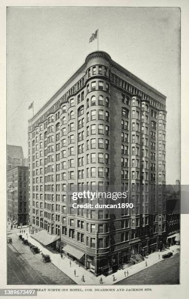 great northern hotel, chicago, 19th century american architecture - chicago skyscraper stock illustrations