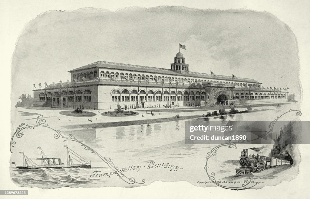 American architecture, Transportation building of Chicago World's Fair, Ship, Steam train, 19th Century