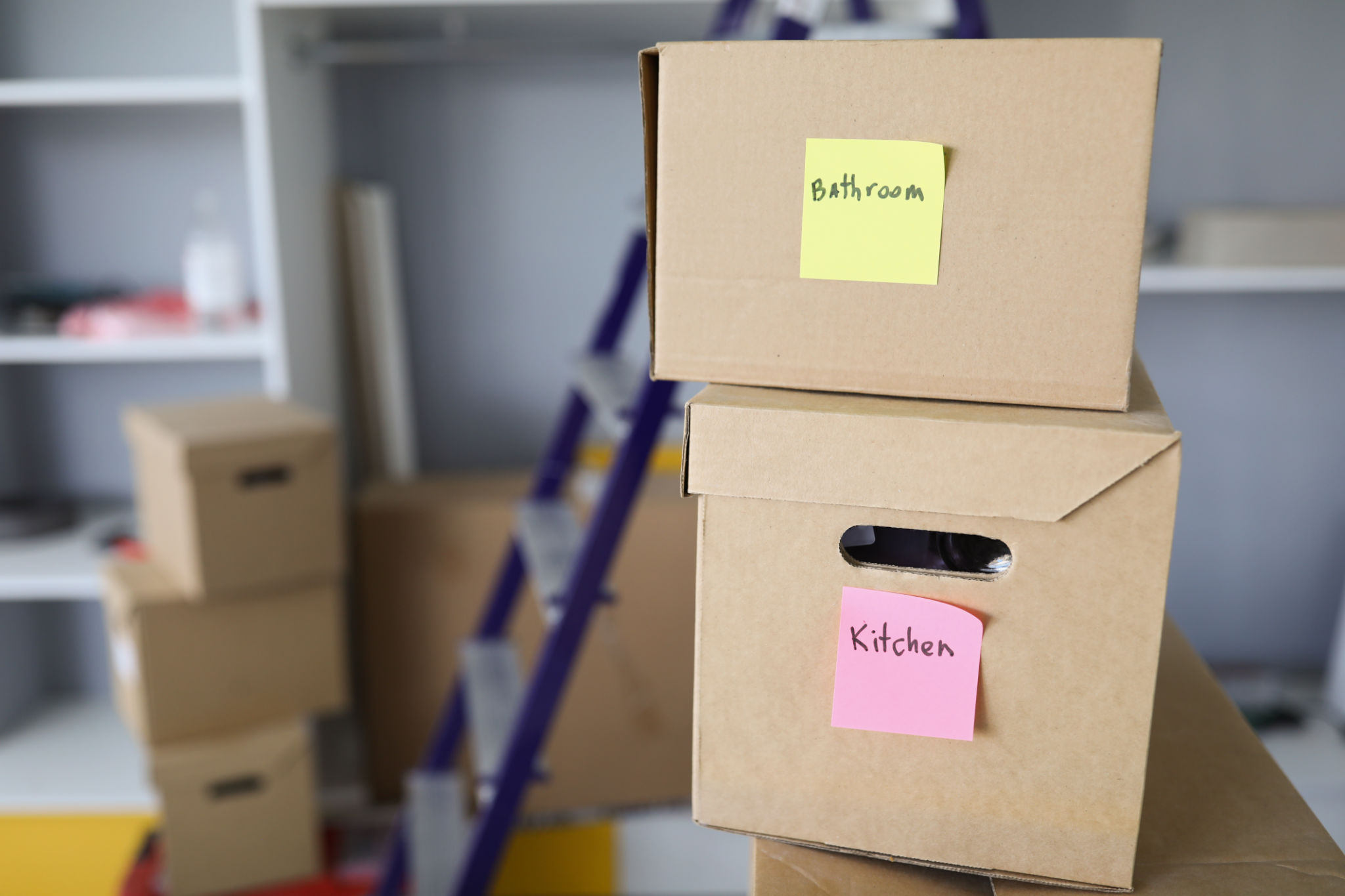 The boxes have kitchen and bathroom stickers The boxes have kitchen and bathroom stickers