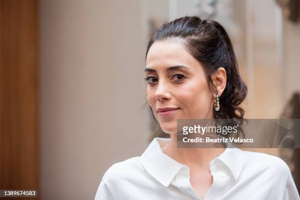 Turkish Actress Cansu Dere poses during her presentation as the new ambassador of the Hard Rock Hotel Madrid on April 05, 2022 in Madrid, Spain.