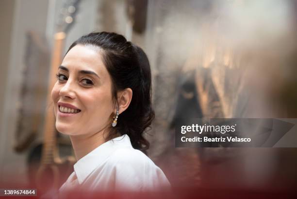 Turkish Actress Cansu Dere poses during her presentation as the new ambassador of the Hard Rock Hotel Madrid on April 05, 2022 in Madrid, Spain.