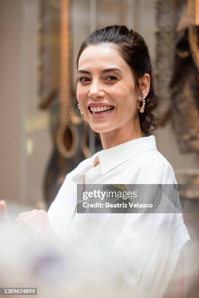 Turkish Actress Cansu Dere poses during her presentation as the new ambassador of the Hard Rock Hotel Madrid on April 05, 2022 in Madrid, Spain.