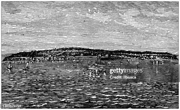 antique illustration of usa, michigan landmarks and companies: mackinac - mackinac island stock illustrations