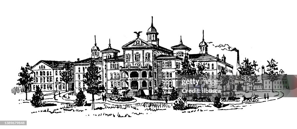 Antique illustration of USA, Michigan landmarks and companies: Flint, Institution for the deaf and dumb