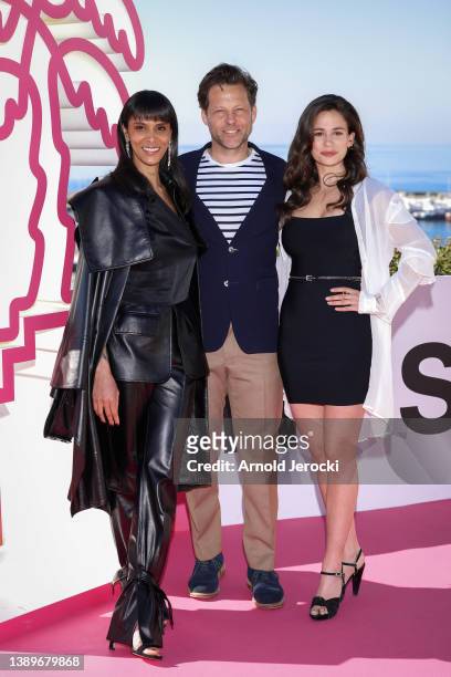 Tamara Marthe, Jamie Bamber and Lucie Lucas attends the "Cannes Confidential" photocall during the 5th Canneseries Festival on April 05, 2022 in...