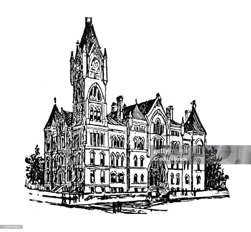 Antique illustration of USA, Michigan landmarks and companies: Grand Rapids, Town Hall