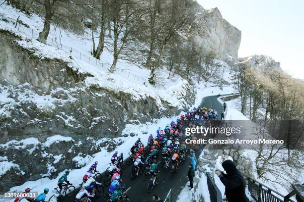 General view of the Peloton passing through a snowy landscape during the 61st Itzulia Basque Country 2022 - Stage 2 a 207,6km stage from Leitza to...