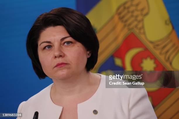 Moldovan Prime Minister Natalia Gavrilita attends a press conference following the Moldova support conference at the Foreign Ministry on April 05,...