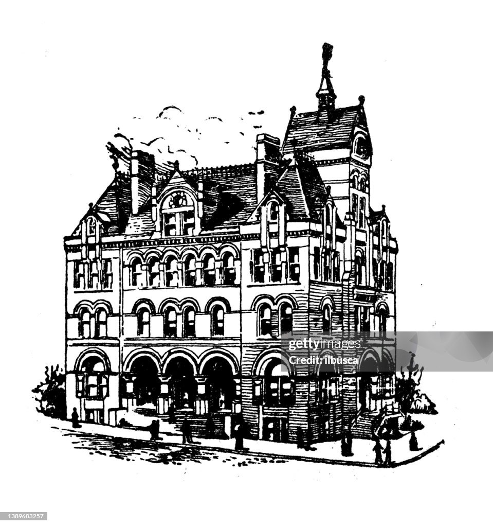 Antique illustration of USA, Michigan landmarks and companies: Marquette, Post Office