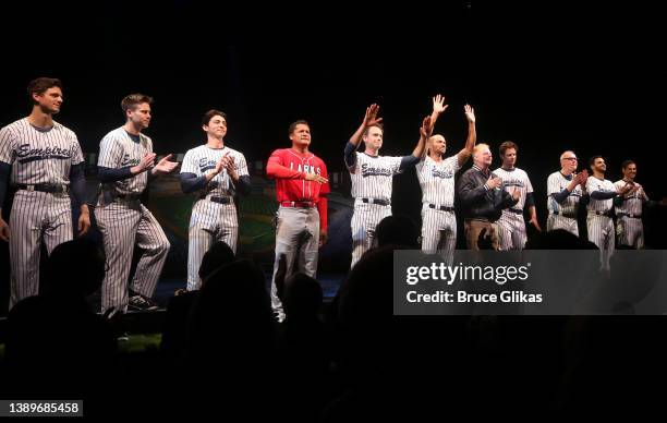 Patrick J. Adams, Jesse Williams, Jesse Tyler Ferguson and the cast during the opening night curtain call for Second Stage Theater's production of...