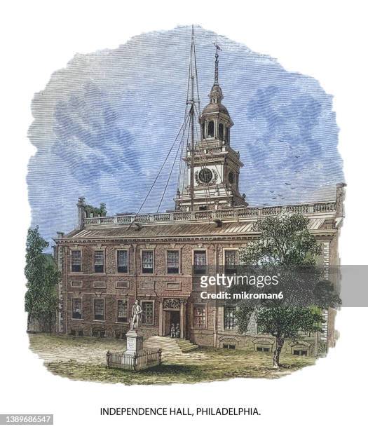 old engraved illustration of view of independence hall in philadelphia, pennsylvania, usa - independence hall - fotografias e filmes do acervo