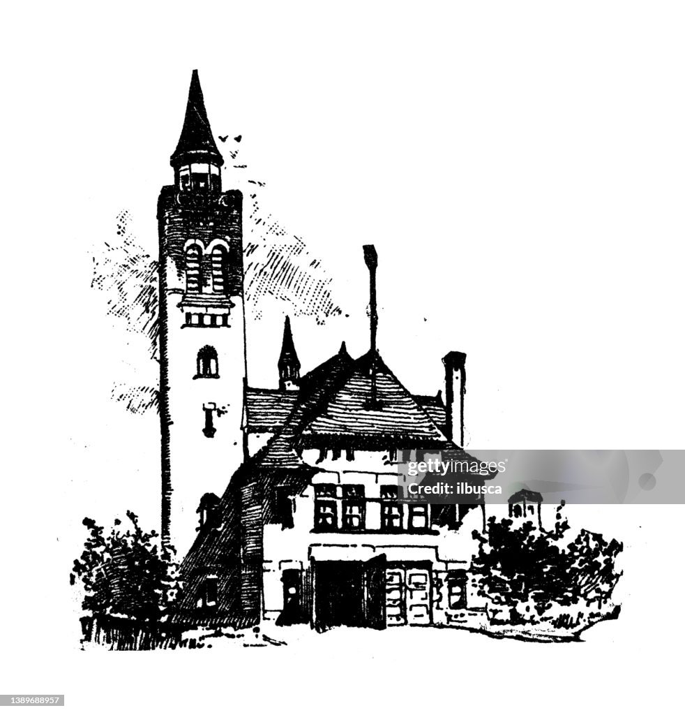 Antike Illustration der Sehenswürdigkeiten und Unternehmen der USA, Michigan: Detroit, Fire Engine House