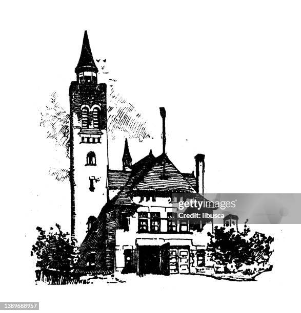 antique illustration of usa, michigan landmarks and companies: detroit, fire engine house - michigan house stock illustrations