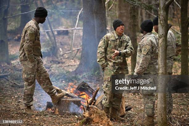 Soldiers from the 82nd Airborne take part in an exercise outside the operating base at the Arlamow Airport on April 05, 2022 in Wola Korzeniecka,...