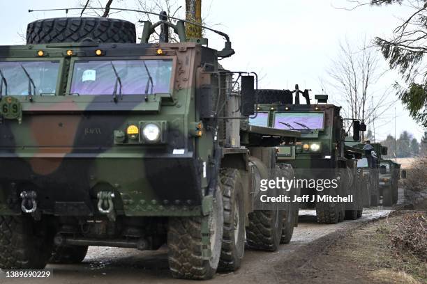 Soldiers from the 82nd Airborne take part in an exercise outside the operating base at the Arlamow Airport on April 05, 2022 in Wola...