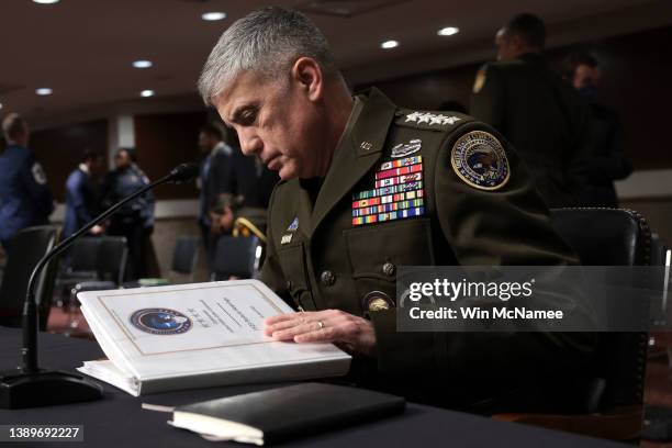 General Paul Nakasone, Commander United States Cyber Command and Director of the National Security Agency arrives for an appearance before the Senate...