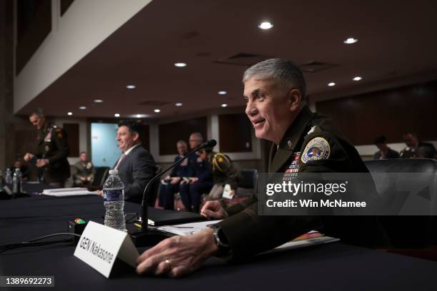 General Paul Nakasone , Commander United States Cyber Command and Director of the National Security Agency arrives for an appearance before the...