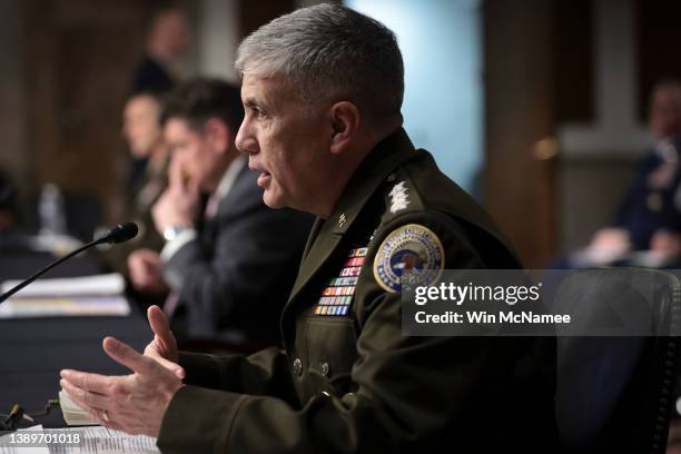 General Paul Nakasone, Commander United States Cyber Command and Director of the National Security Agency testifies before the Senate Armed Services...
