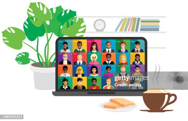video conference. vector illustration of working place at home or from office. - smiling-man-at-computer stock illustrations