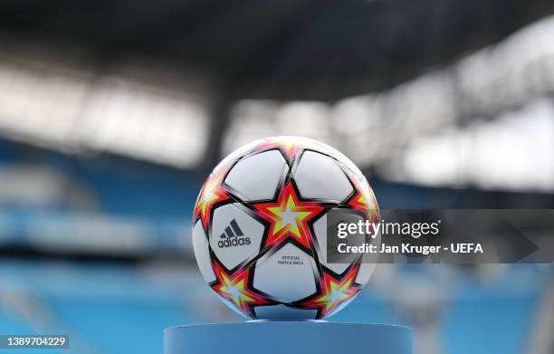 Detailed view of a replica match ball ahead of the UEFA Champions League Quarter Final Leg One match between Manchester City and Atlético Madrid at...