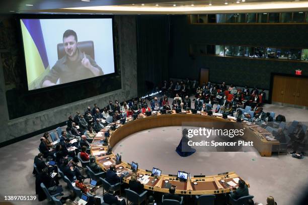 Ukrainian President Volodymyr Zelensky addresses the United Nations Security Council via video link on April 05, 2022 in New York City. The Security...