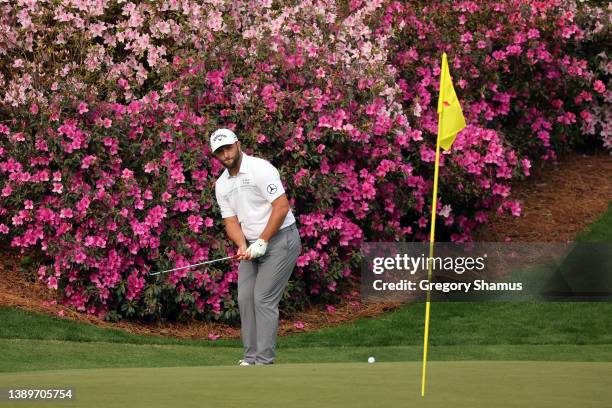 Jon Rahm of Spain plays a shot on the 13th hole during a practice round prior to the Masters at Augusta National Golf Club on April 05, 2022 in...