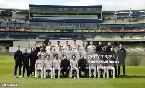 Warwickshire CCC pose for a team during the Warwickshire County Cricket photocall at Edgbaston on April 05, 2022 in Birmingham, England.