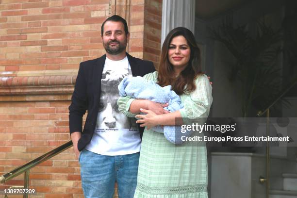 Marisa Jara and Miguel Almansa present their son Tomas, on April 5 in Seville, Spain.