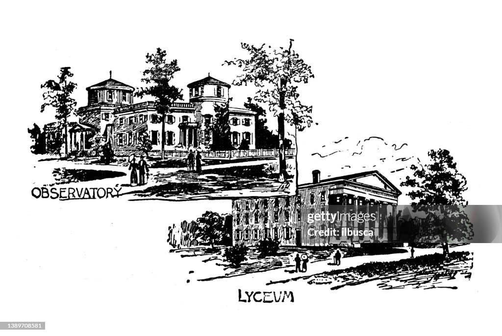 Antique illustration of USA, Mississippi landmarks and companies: Oxford, University of Mississippi