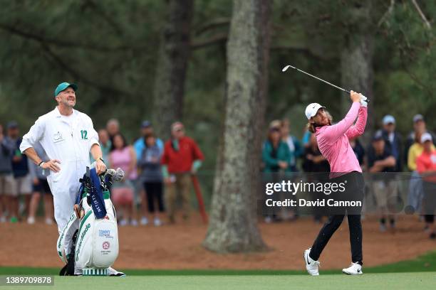 Tommy Fleetwood of England plays a shot on the 15th hole during a practice round prior to the Masters at Augusta National Golf Club on April 05, 2022...