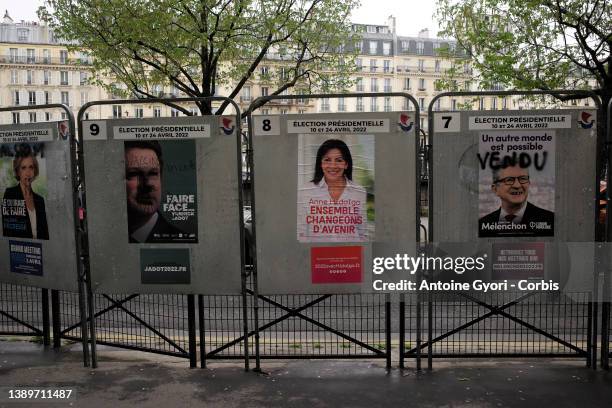 Official campaign posters of the candidates for the 2022 presidential election displayed on billboards next to a polling station school on April 04,...