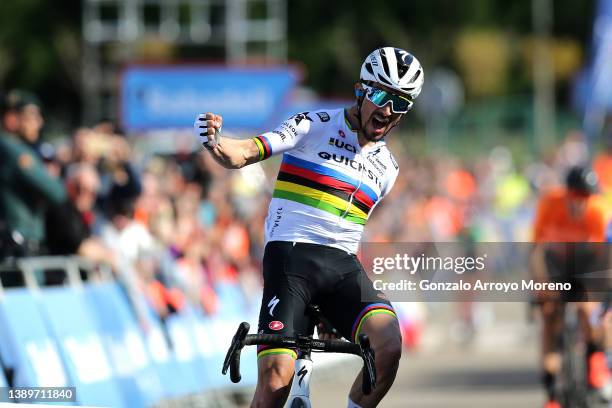 Julian Alaphilippe of France and Team Quick-Step - Alpha Vinyl celebrates at finish line as stage winner during the 61st Itzulia Basque Country 2022...