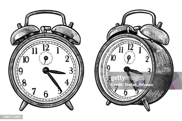 vector drawings of a retro alarm clock - old clock stock illustrations