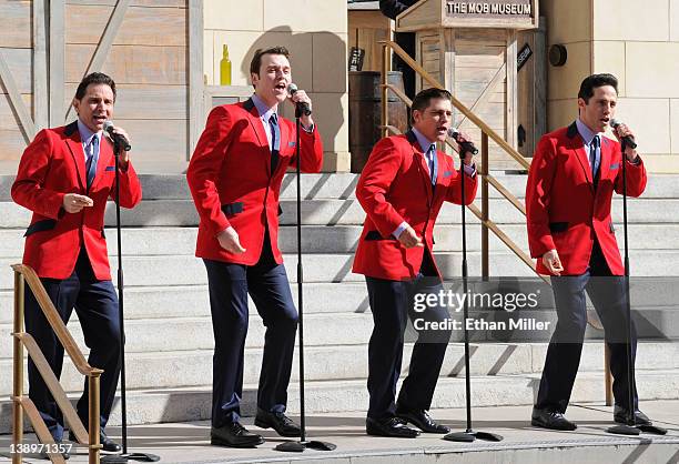 Travis Cloer, Rob Marnelle, Deven May and Jeff Leibow of "Jersey Boys" perform at the grand opening of The Mob Museum February 14, 2012 in Las Vegas,...