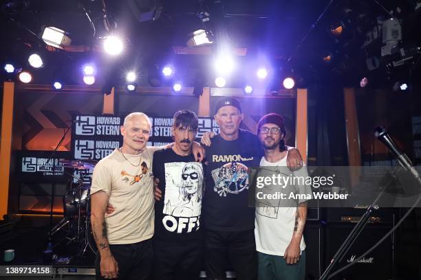 Bassist Flea, Singer Anthony Kiedis, Drummer Chad Smith and Guitarist John Frusciante of the Red Hot Chili Peppers attend Red Hot Chili Peppers Visit...