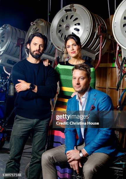 Actors Milo Ventimiglia, Mandy Moore and Justin Hartley are photographed for Los Angeles on February 22, 2022 on the Paramount Lot in Los Angeles,...