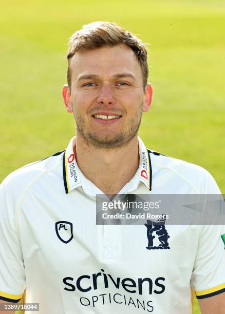 Danny Briggs poses for a portrait during the Warwickshire County Cricket photocall at Edgbaston on April 05, 2022 in Birmingham, England.