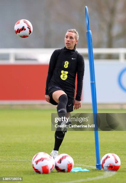 Jordan Nobbs of England during a training session ahead of their Women's World Cup qualifier match against North Macedonia at St George's Park on...